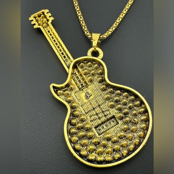 Rhinestone Guitar Pendant Necklace Gold Tone and Multicolor - Picture 2 of 3